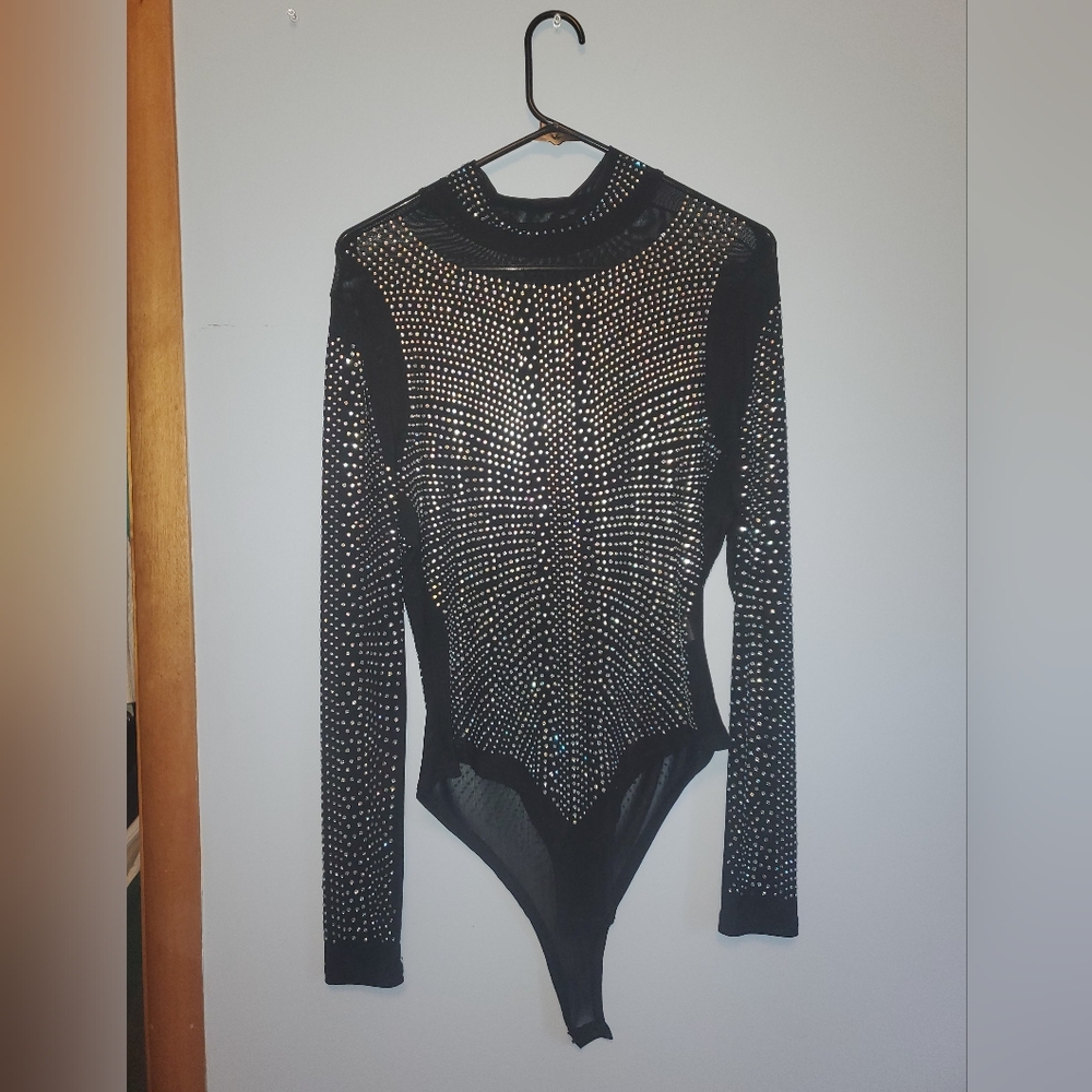 Black And Rhinestone Embellished Bodysuit